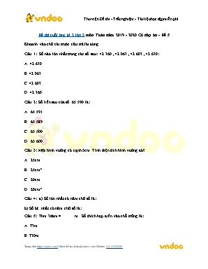 Đề thi Cuối học kì II môn Toán Lớp 3 - Đề số 5 - Năm học 2019-2020 (Có đáp án)